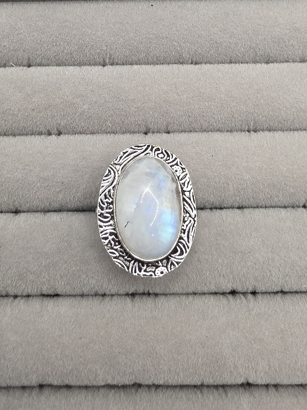 Silver Plated Moonstone Oval Statement Ring Size 6 1/4 - Iridescent White